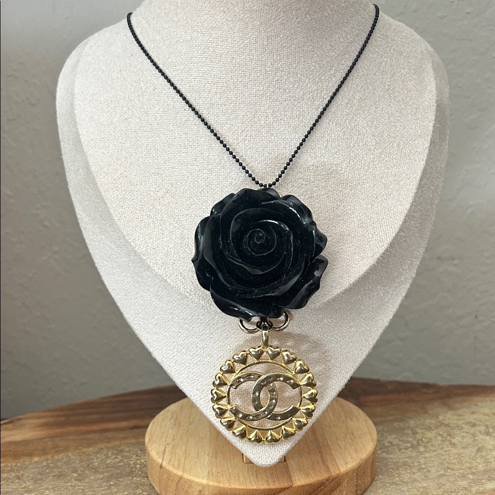 Upcycled Gold CC Medallion with Black Rose on an Origami Own Long Necklace